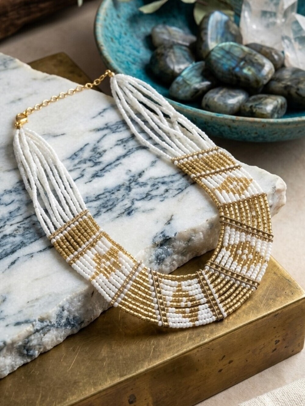 Mediterranean Greek Goddess Indian Artisan White Gold Beaded Collar Necklace 18"